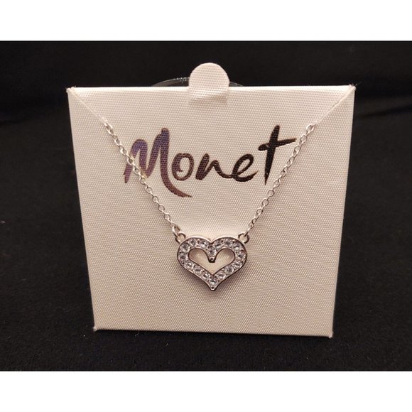 Monet Crystal Heart Silver Tone Vintage Necklace - Picture 1 of 7